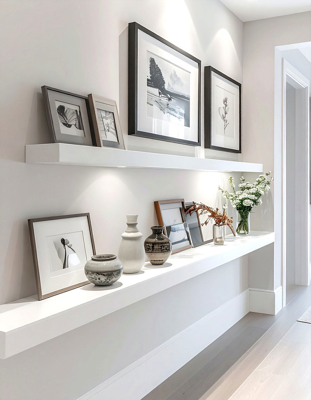 Hallway picture ledge display - 30 weekend decor project ideas