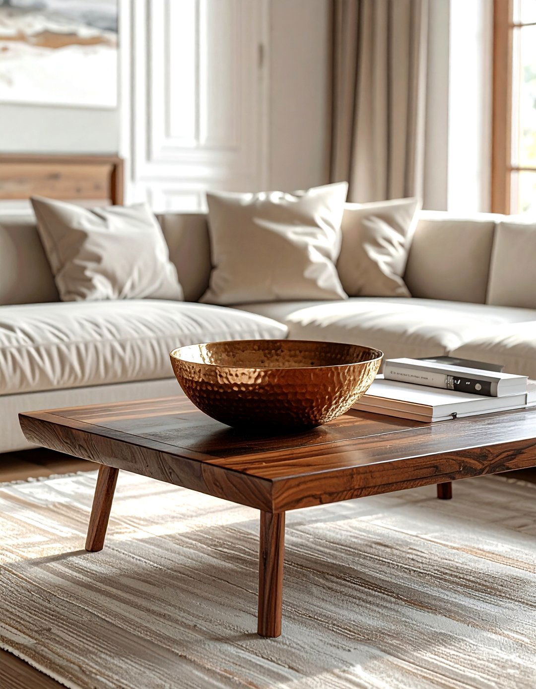 Hammered Metal Bowl On Polished Wood - 30 mixed texture decor ideas