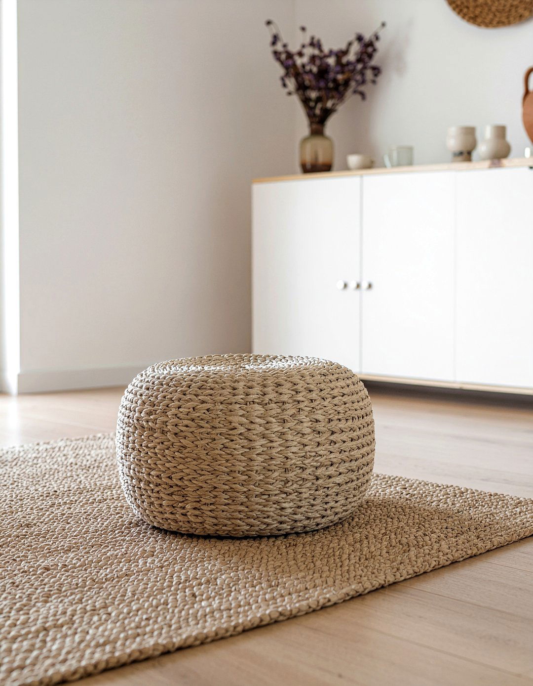 Handwoven Jute Pouf - 30 living room woven ottoman ideas