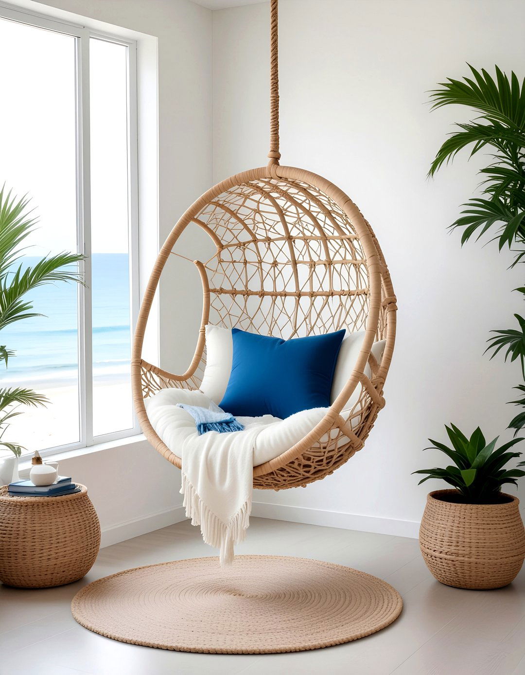 Hanging Rattan Swing - 30 living room coastal furniture ideas