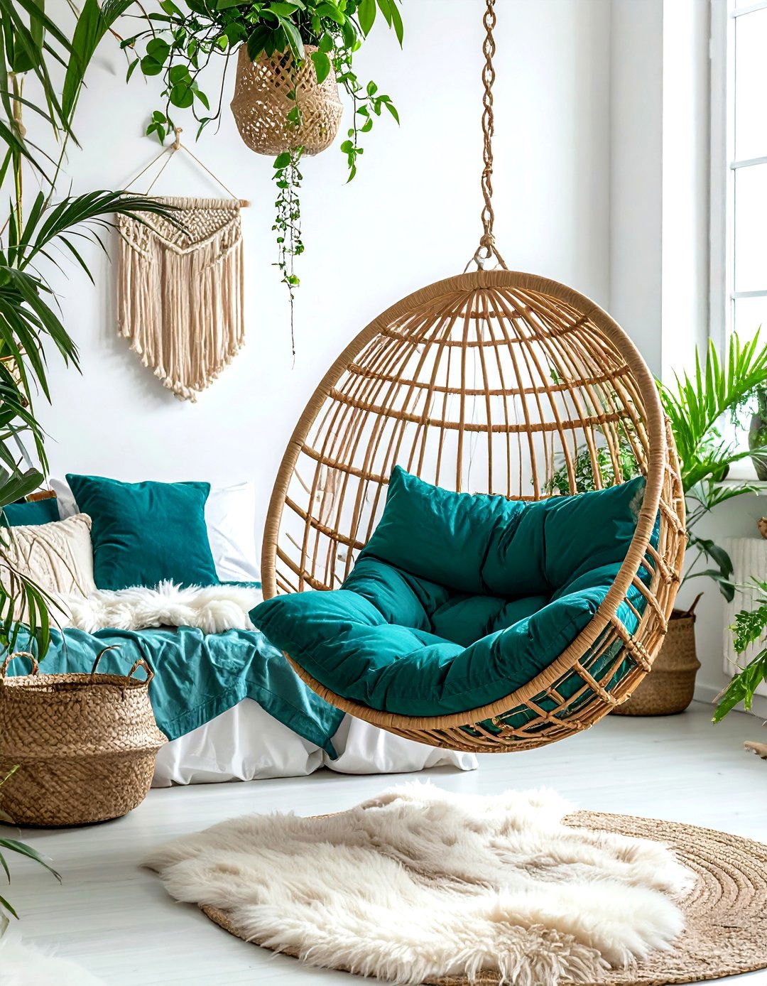 Hanging chair boho bedroom - 30 bohemian teal bedroom ideas