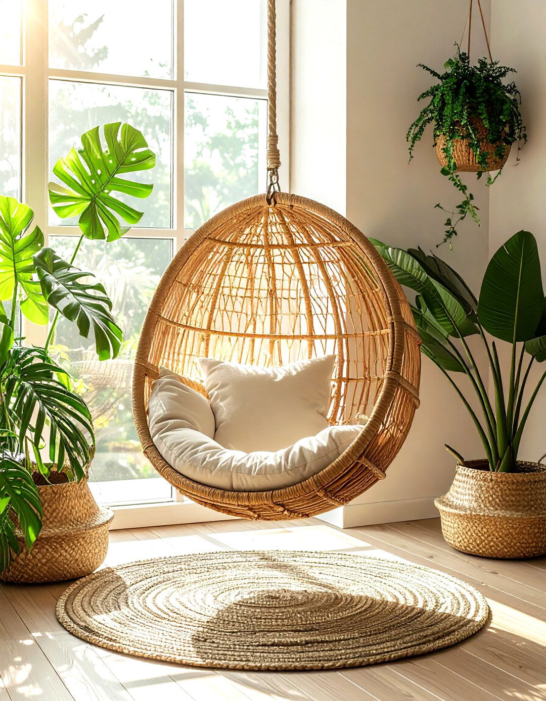 Hanging chair living room - 30 bohemian beige living room ideas