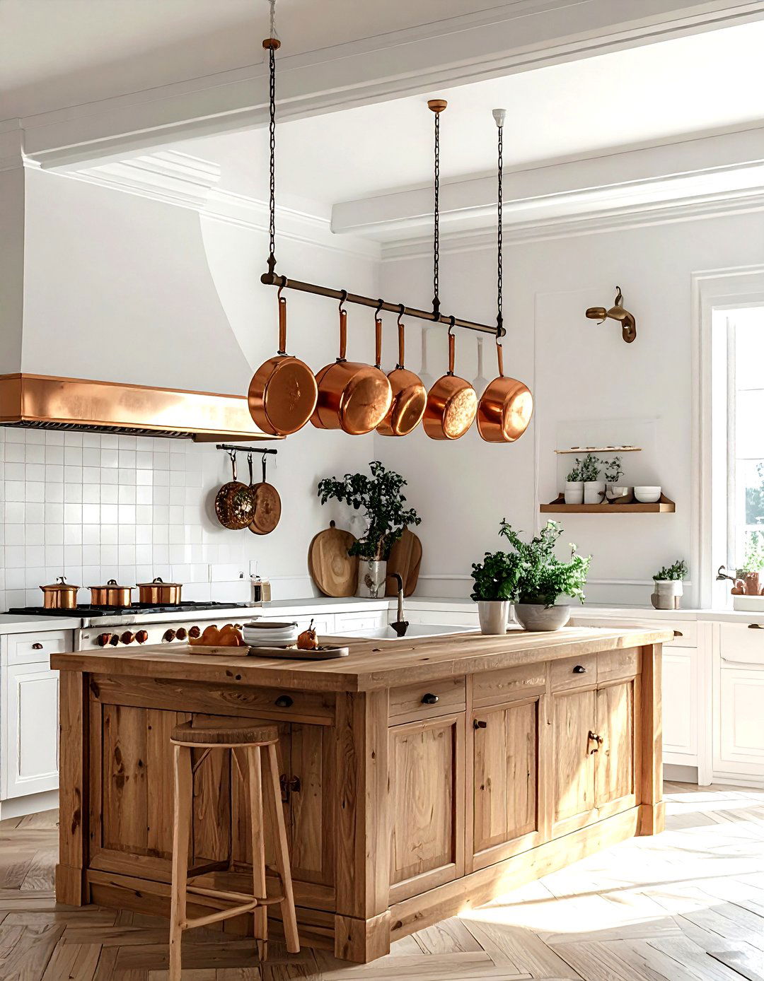 Hanging copper pot rack - 30 kitchen character ideas