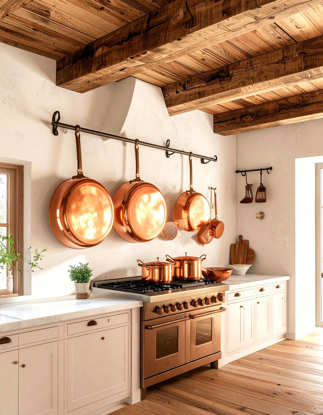 Hanging copper pots and pans - 30 French farmhouse kitchen ideas