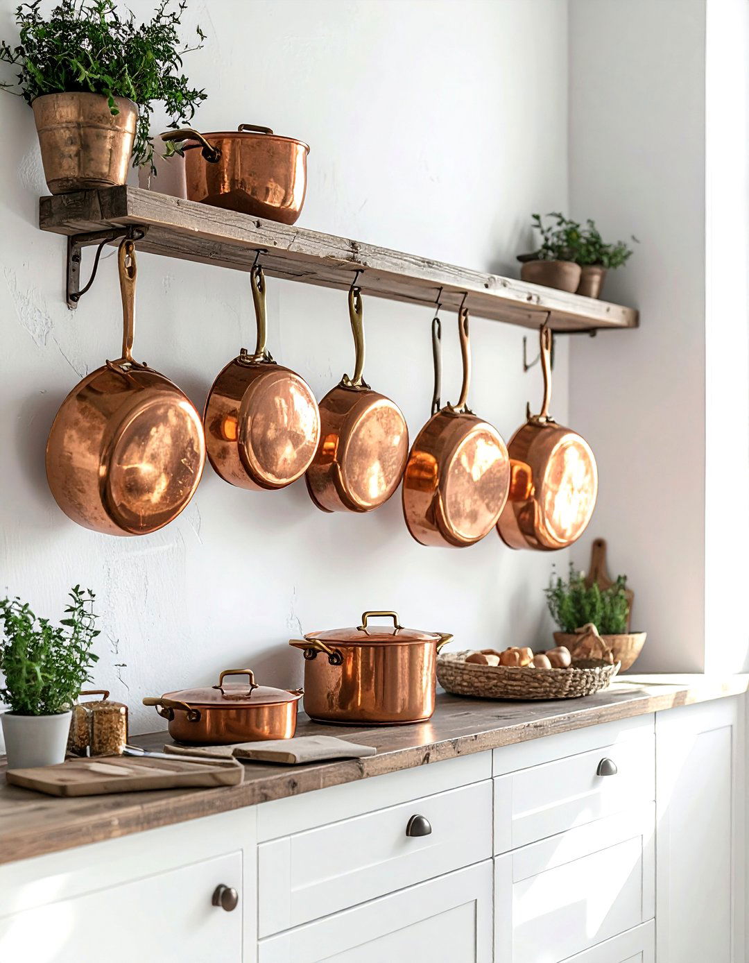 Hanging copper pots - 30 rustic lodge kitchen ideas