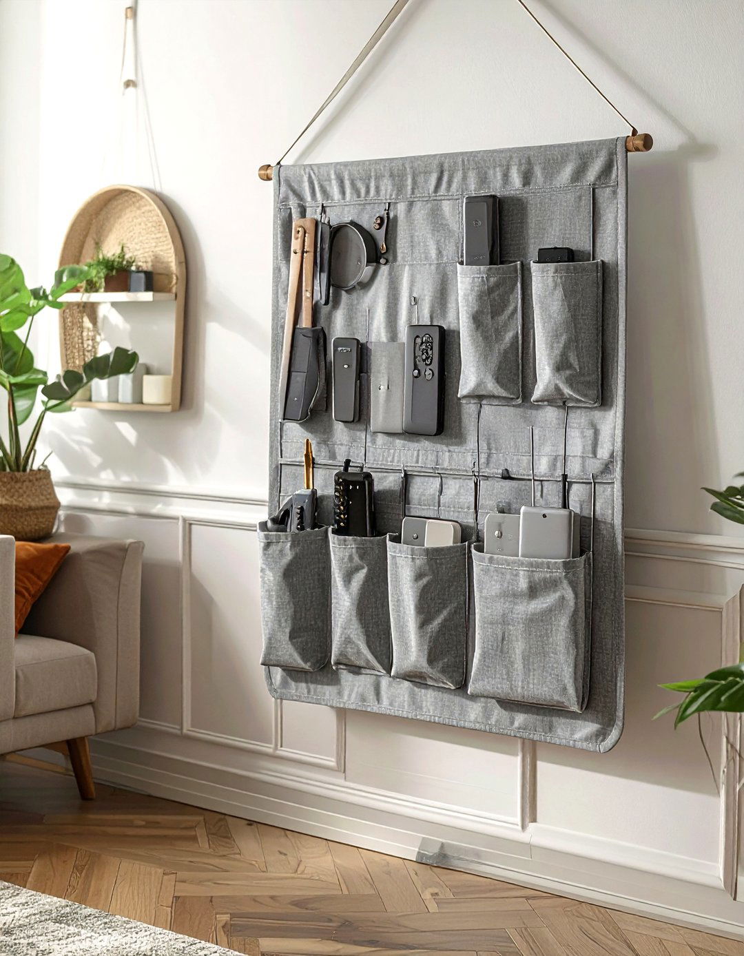 Hanging fabric wall organizer - 30 living room hanging storage ideas