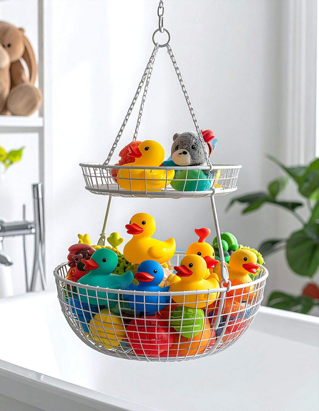Hanging fruit basket for toys - 30 bathroom organization hacks