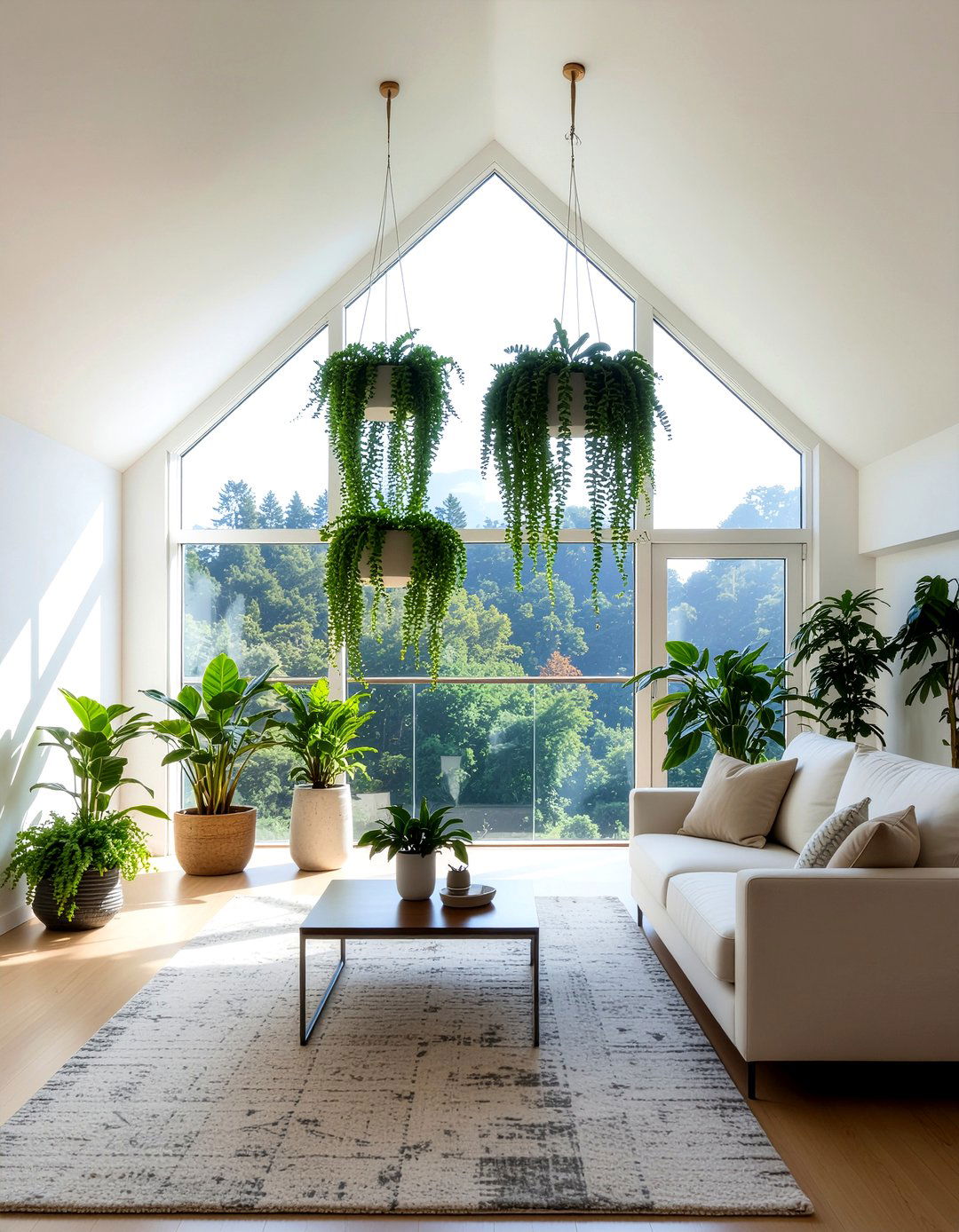 Hanging indoor plants - 30 living room cathedral ceiling ideas