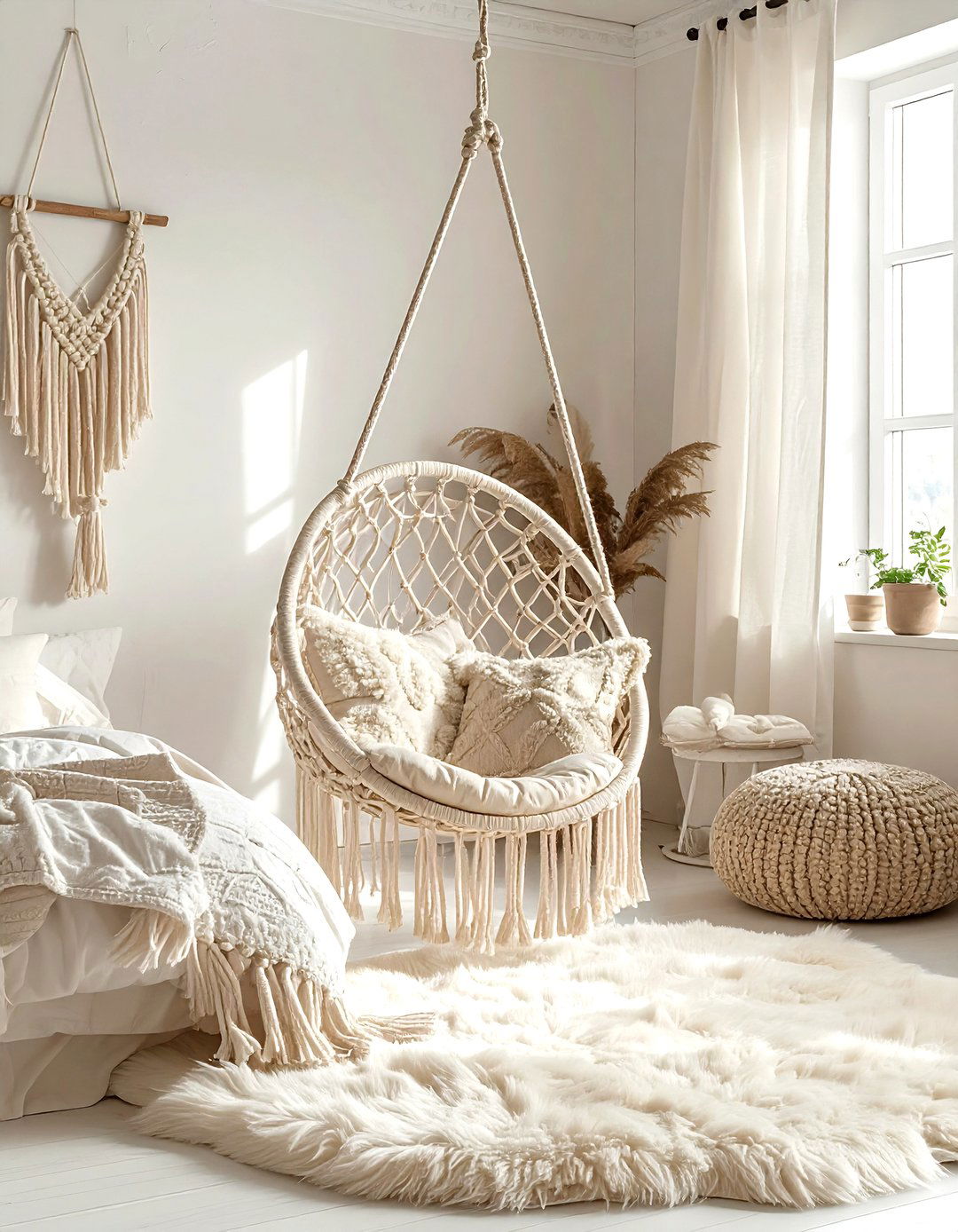 Hanging macrame chair - 30 bohemian cream bedroom ideas