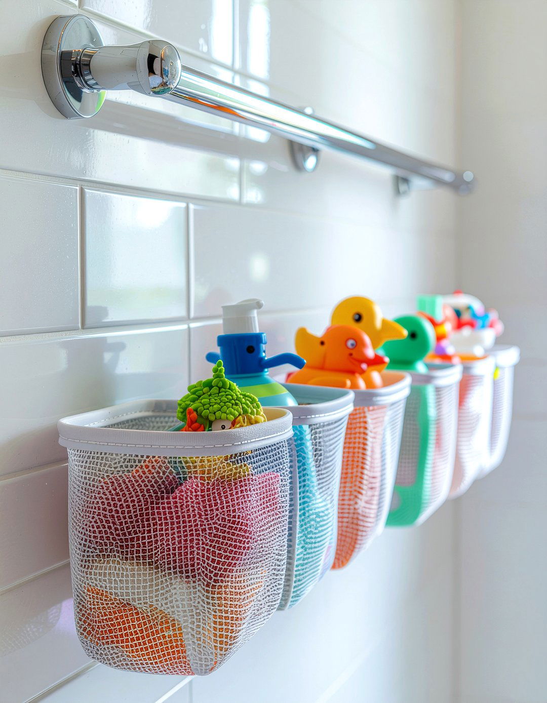 Hanging mesh pockets - 30 bathroom organization ideas