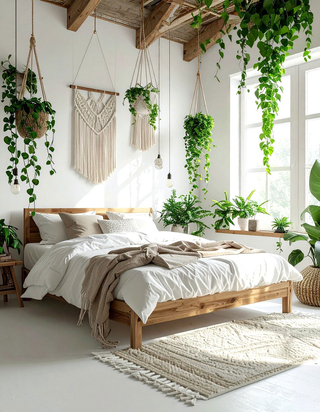 Hanging plants for bedroom - 30 bohemian white bedroom ideas