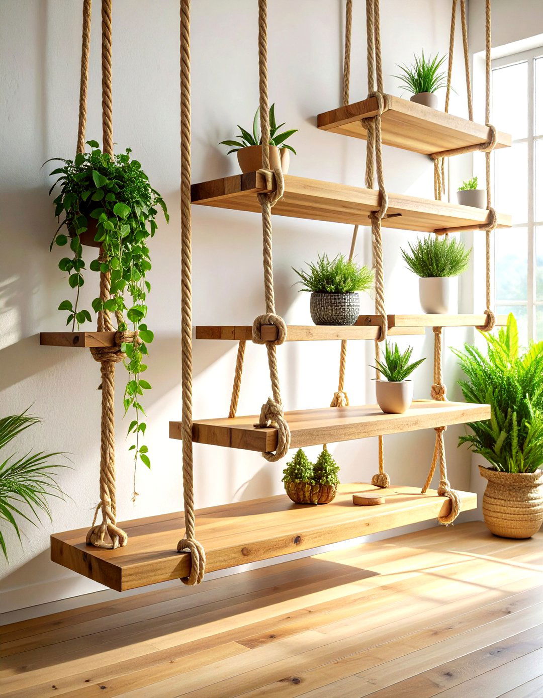 Hanging rope shelves - 30 living room wall shelving ideas