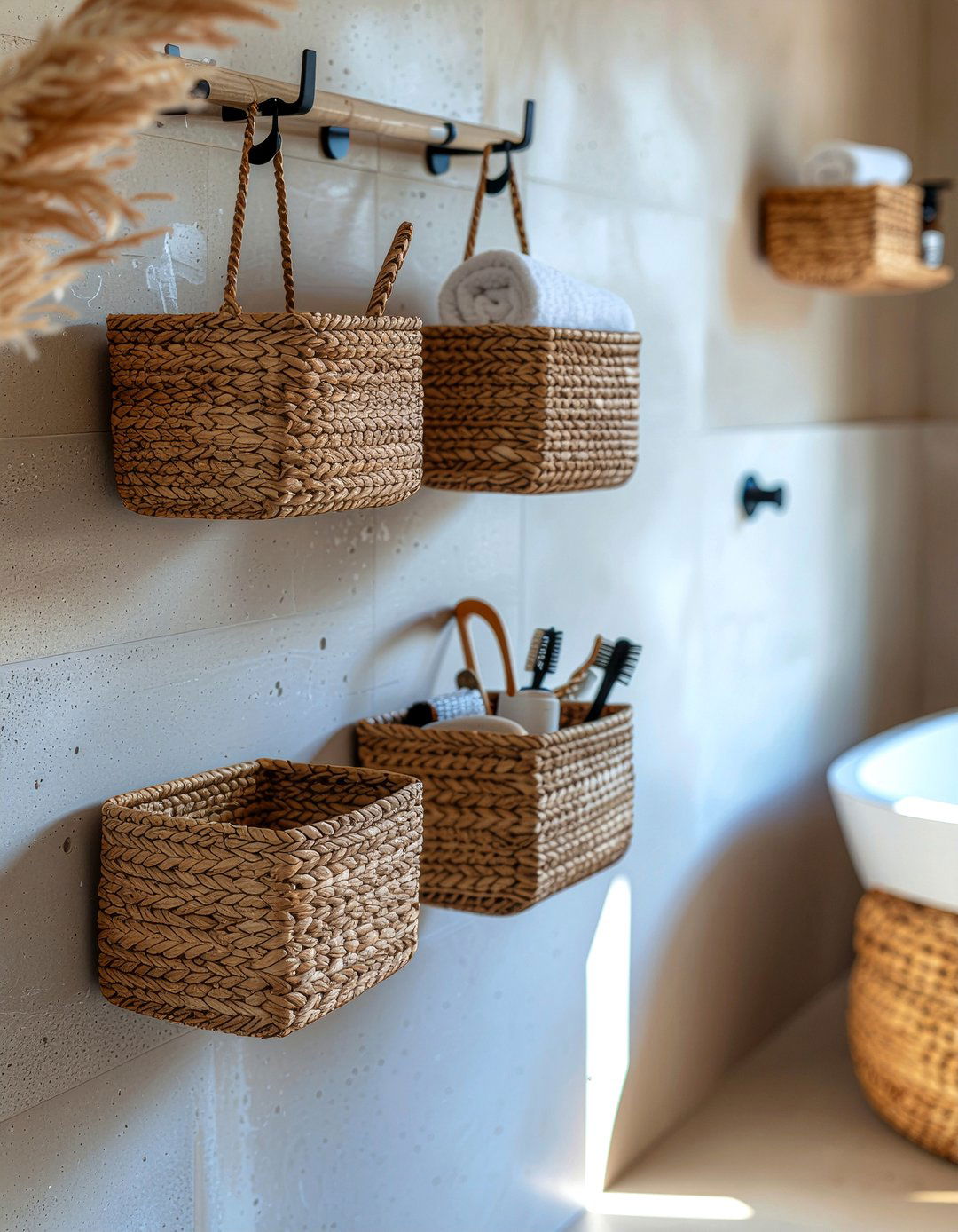 Hanging storage baskets - 30 bathroom optimization ideas