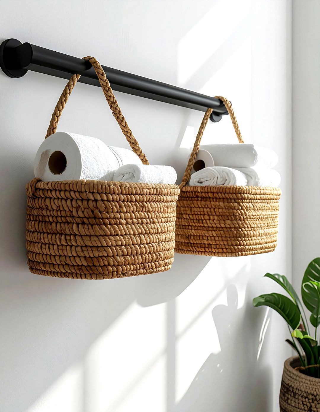 Hanging wicker basket - 30 bathroom space saving ideas
