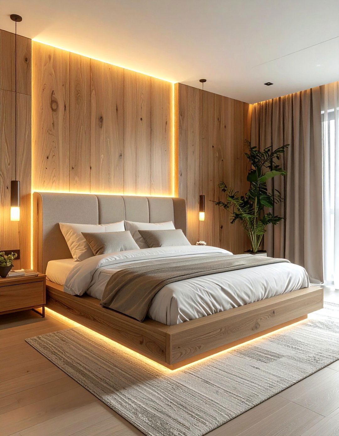 Headboard With Integrated Lighting - 30 soft minimalist bedroom ideas