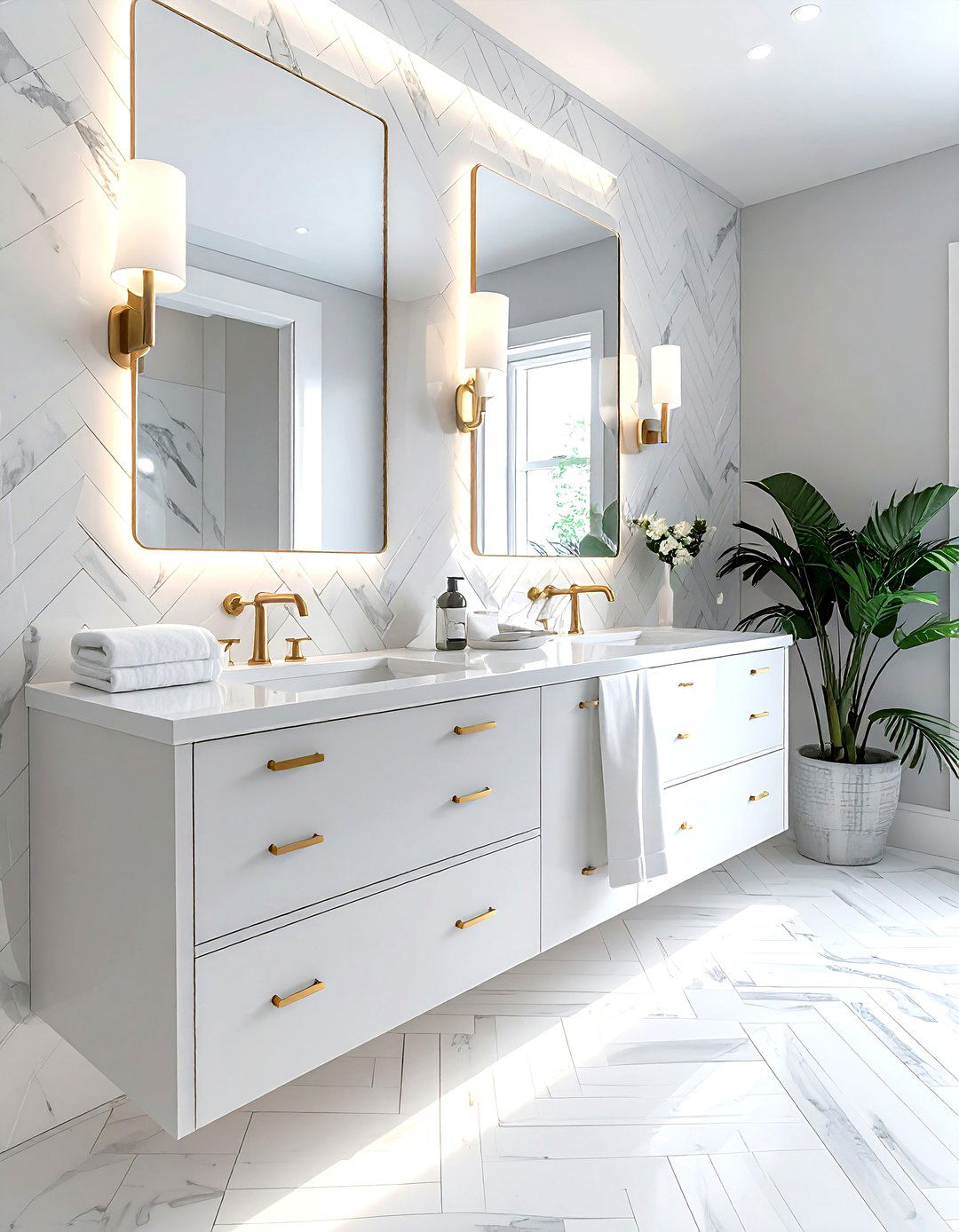 Herringbone Marble Tile - 30 bathroom floor design ideas