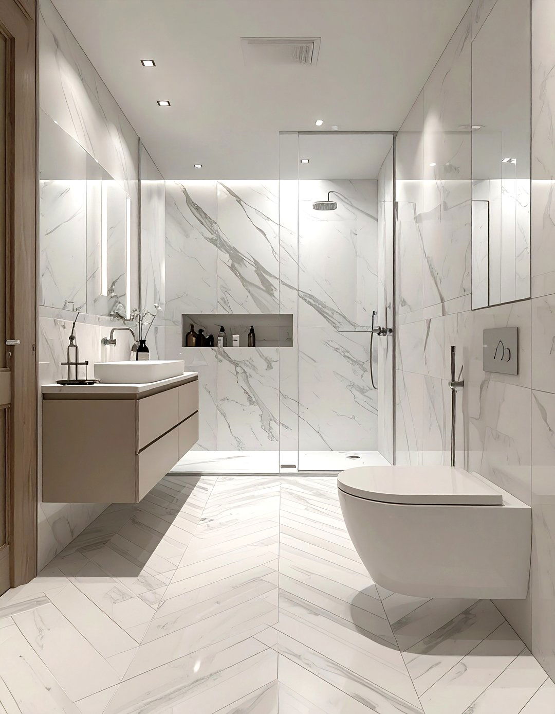 Herringbone Neutral Bathroom - 30 neutral bathroom ideas