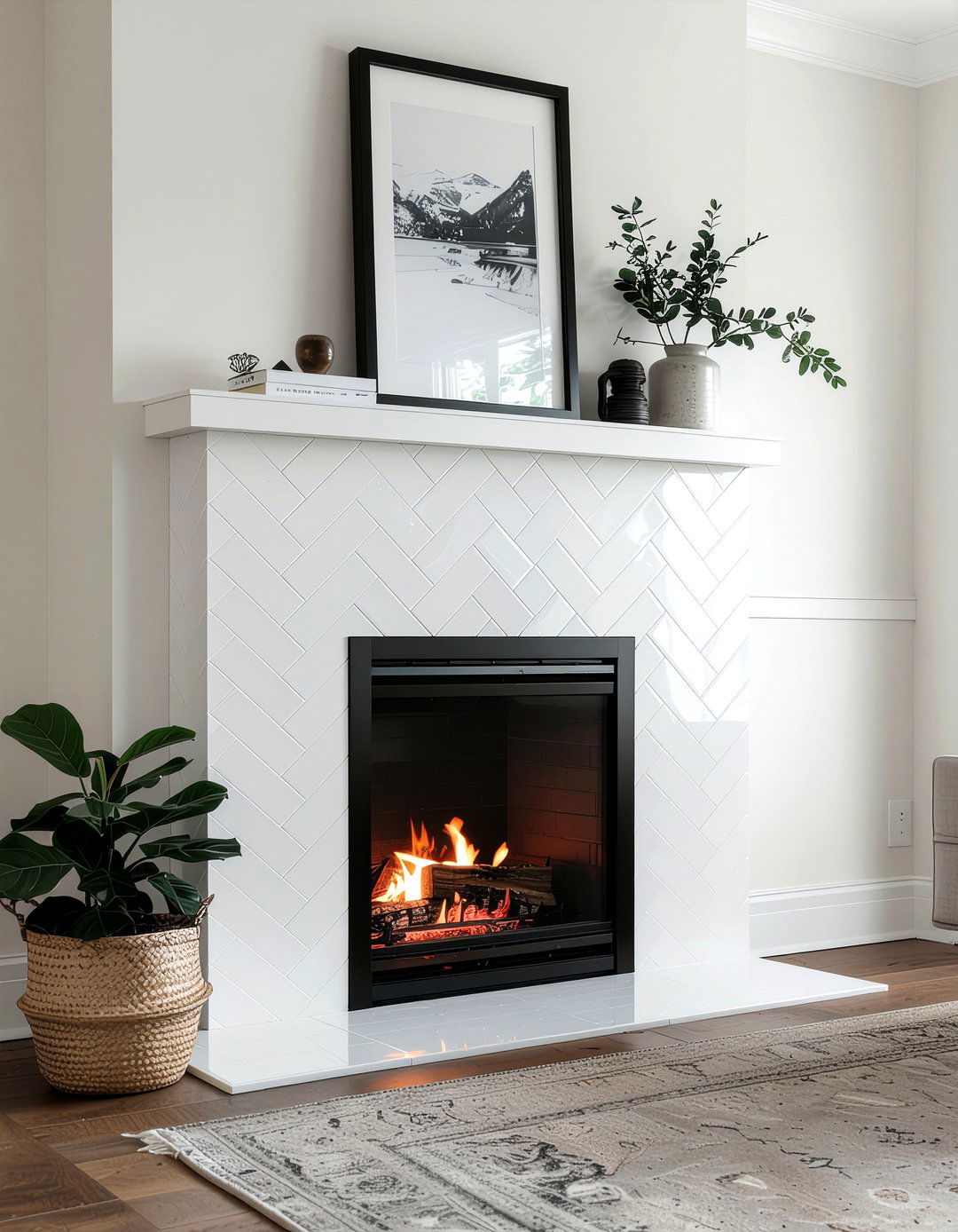 Herringbone Tile Fireplace - 30 faux fireplace ideas