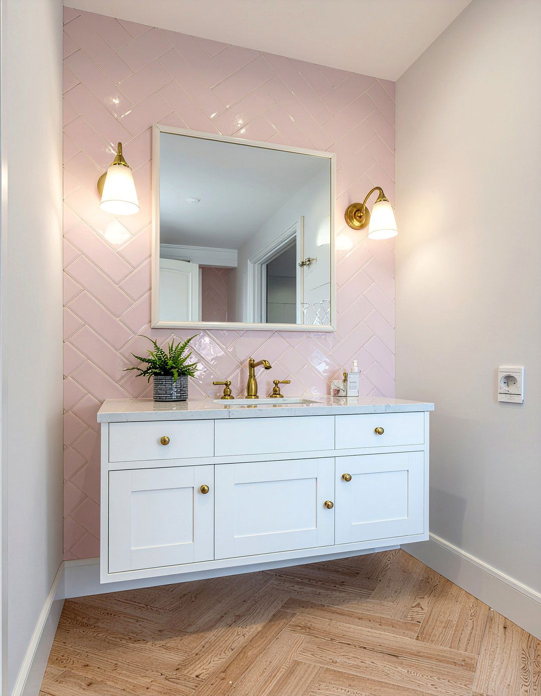 Herringbone Tile Pattern - 30 millennial pink bathroom ideas