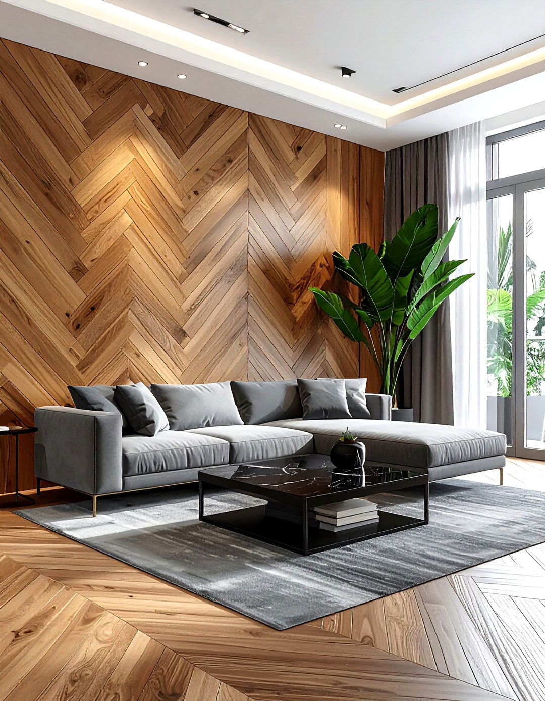 Herringbone Wood Accent Wall - 30 living room plank wall ideas