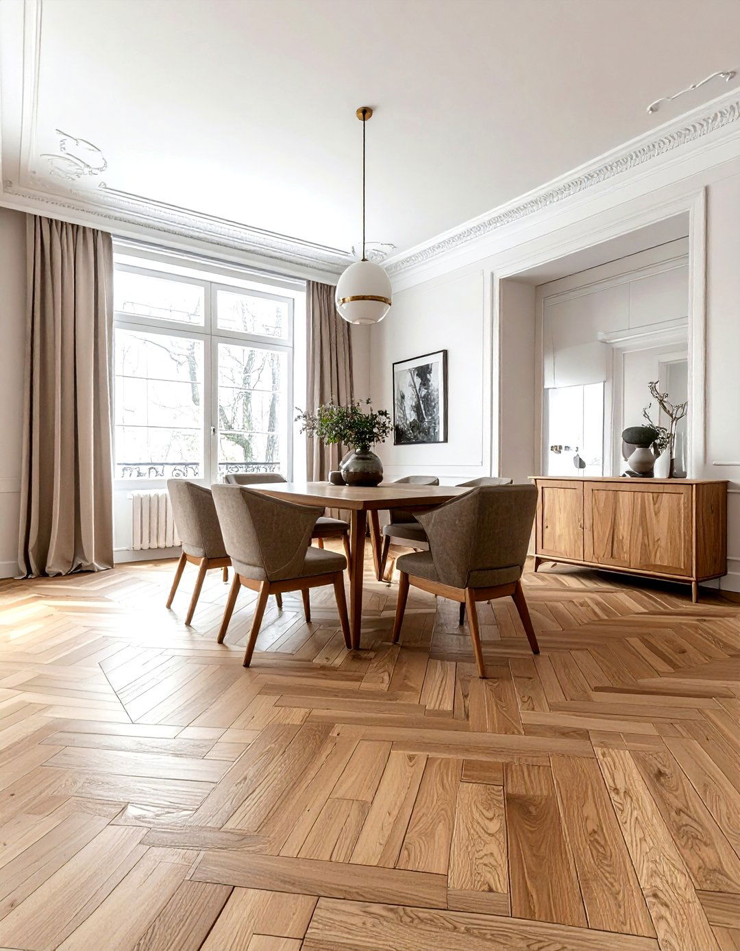 Herringbone Wood Floor - 30 modern traditional dining room ideas