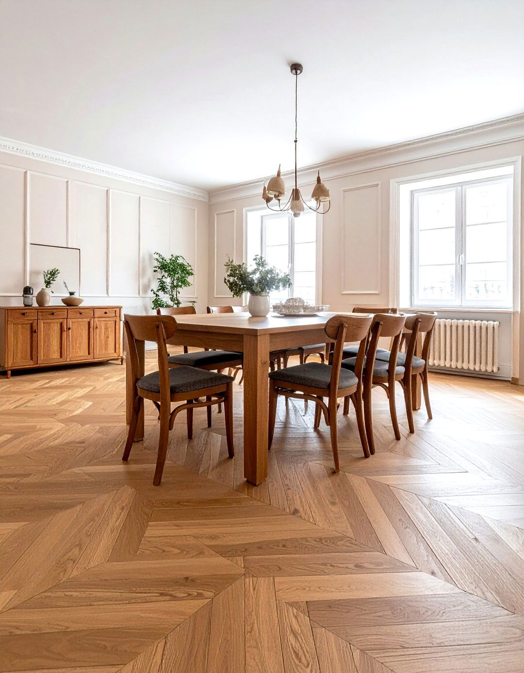 Herringbone Wood Floor Dining - 30 wood dining room ideas