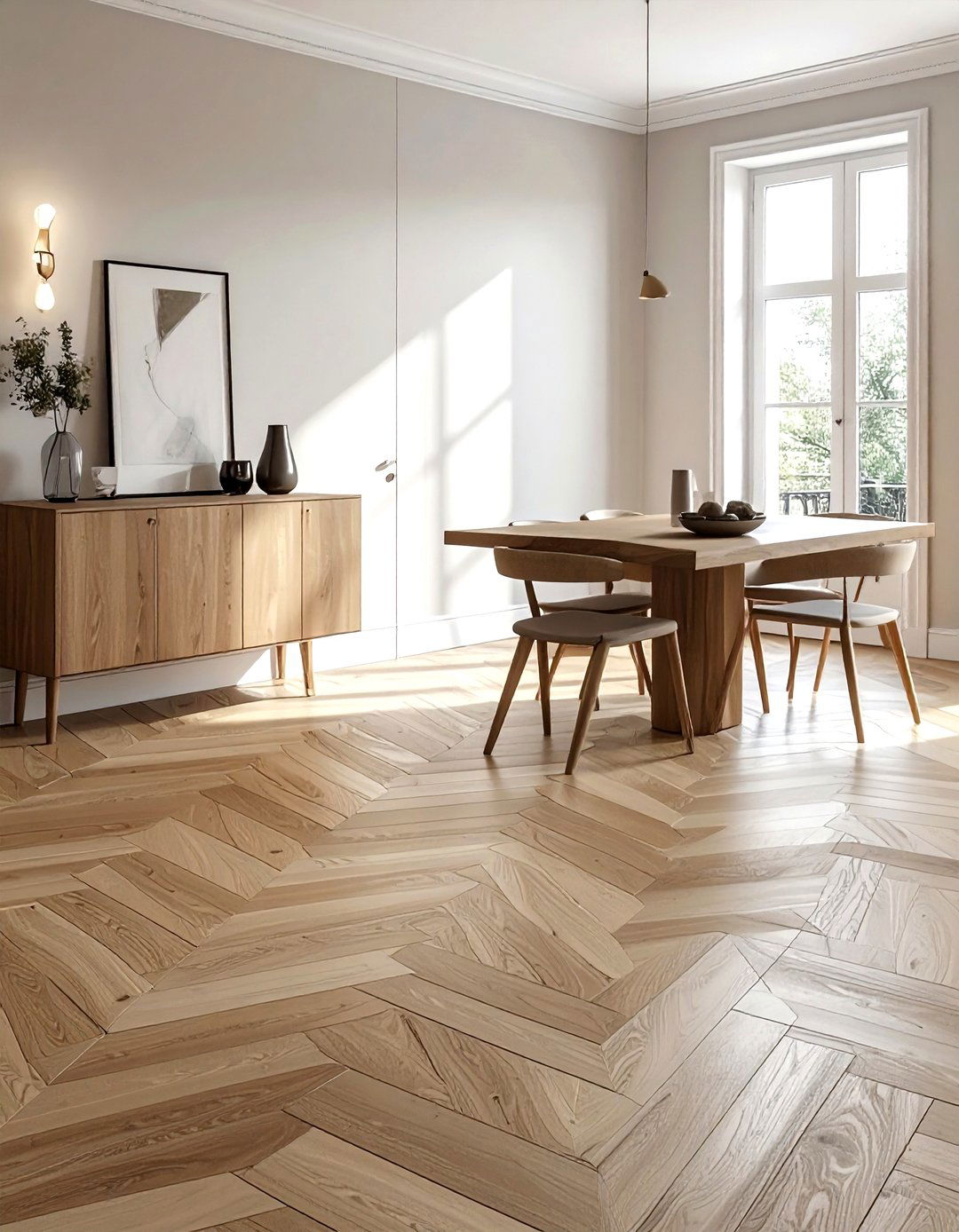 Herringbone Wood Flooring - 30 modern classic dining room ideas