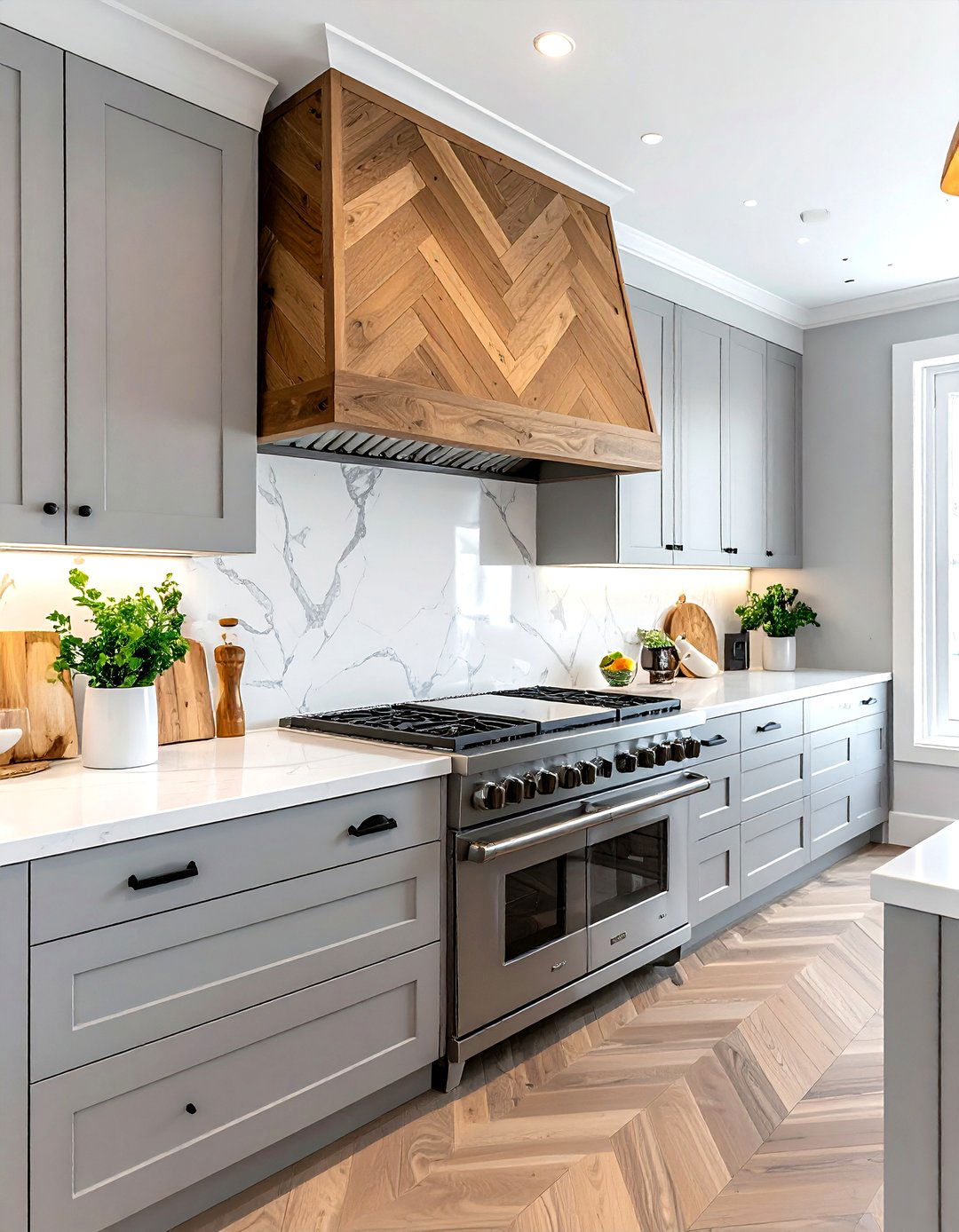 Herringbone Wood Hood - 30 wood hood kitchen ideas