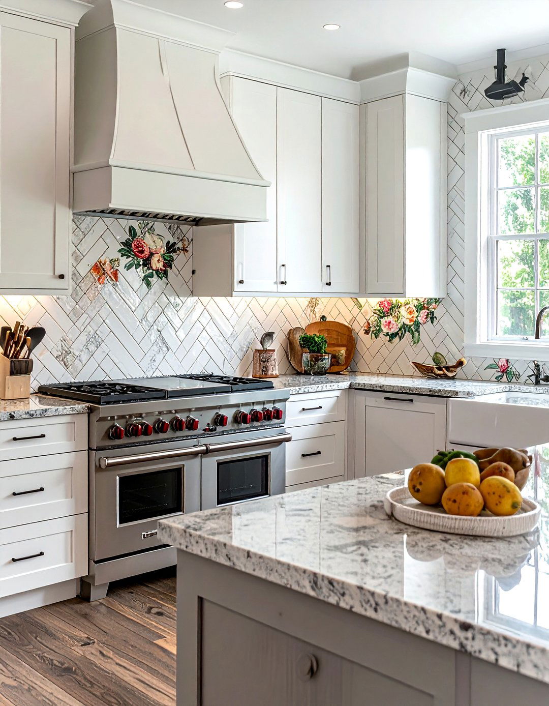Herringbone and floral backsplash - 30 pattern mixing decor ideas