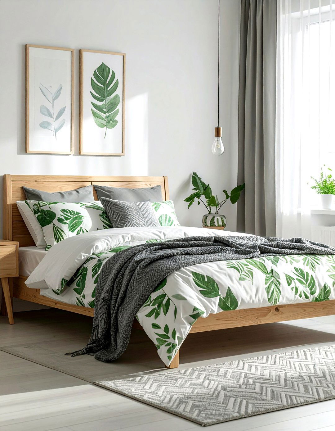 Herringbone and leaf print bedroom - 30 bedroom pattern mixing ideas