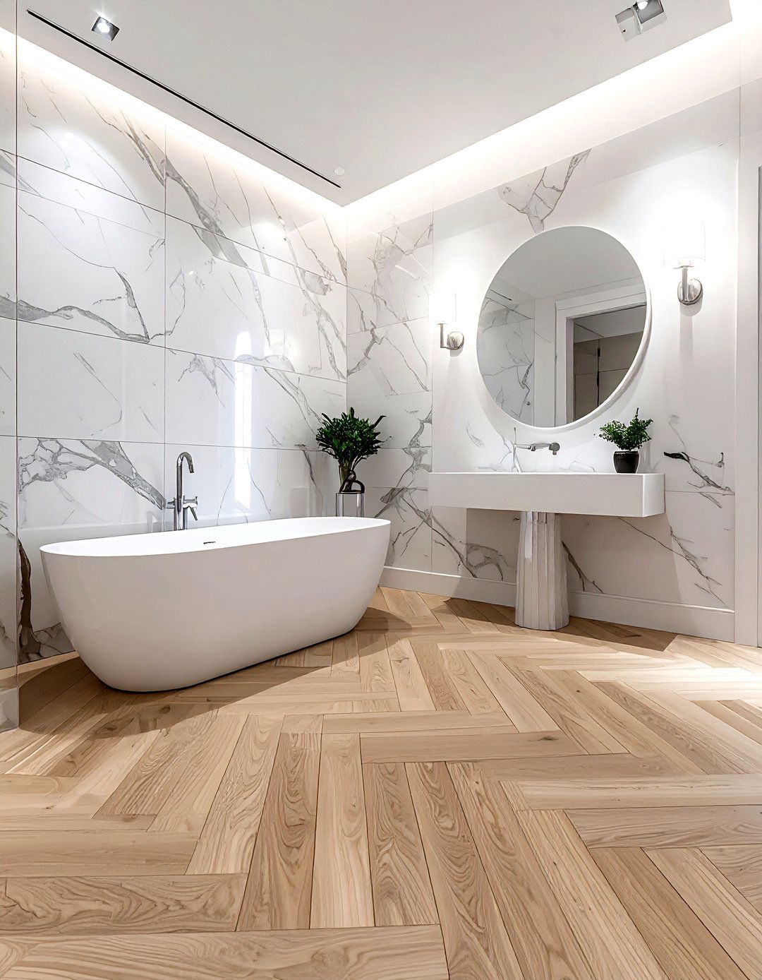 Herringbone floor and marble tile - 30 pattern mixing decor ideas