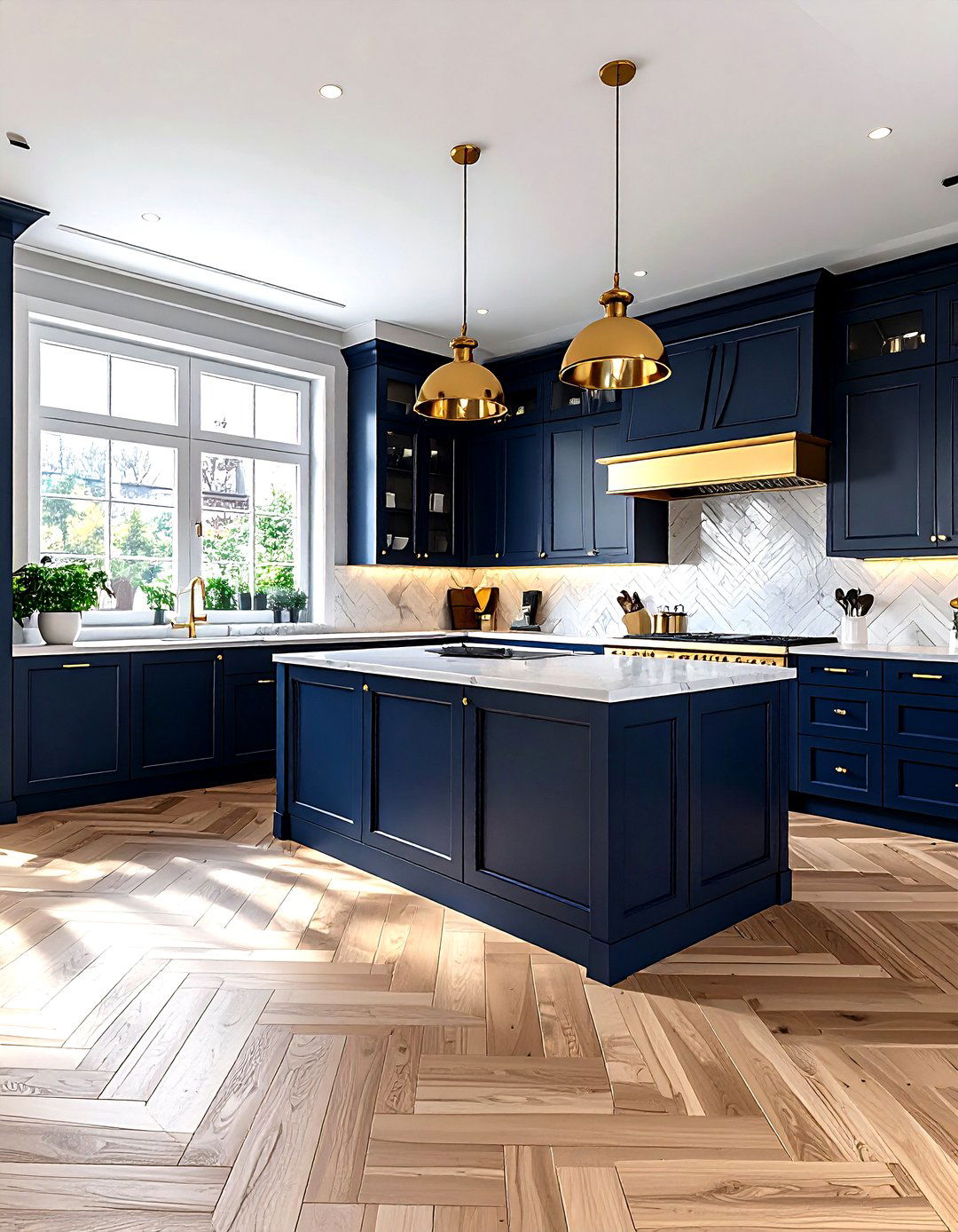 Herringbone floor in navy kitchen - 30 navy and gold kitchen ideas