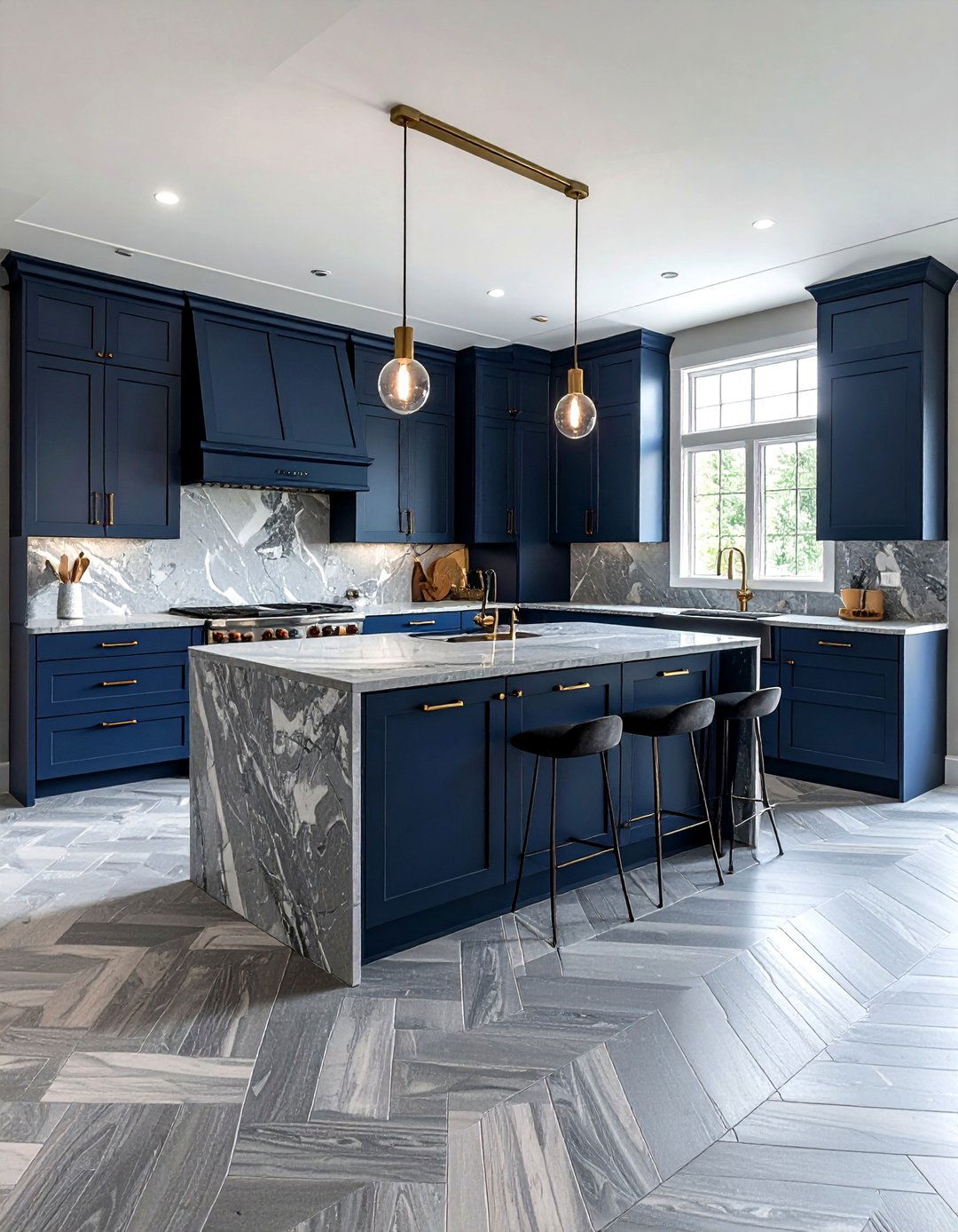 Herringbone stone kitchen - 30 natural stone floor kitchen ideas