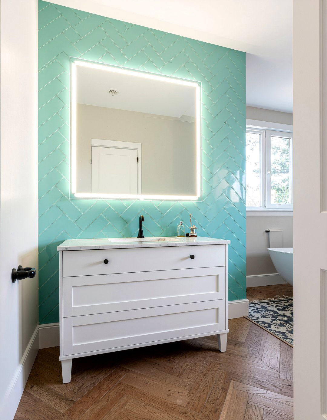 Herringbone tile accent wall bathroom - 30 herringbone tile bathroom ideas