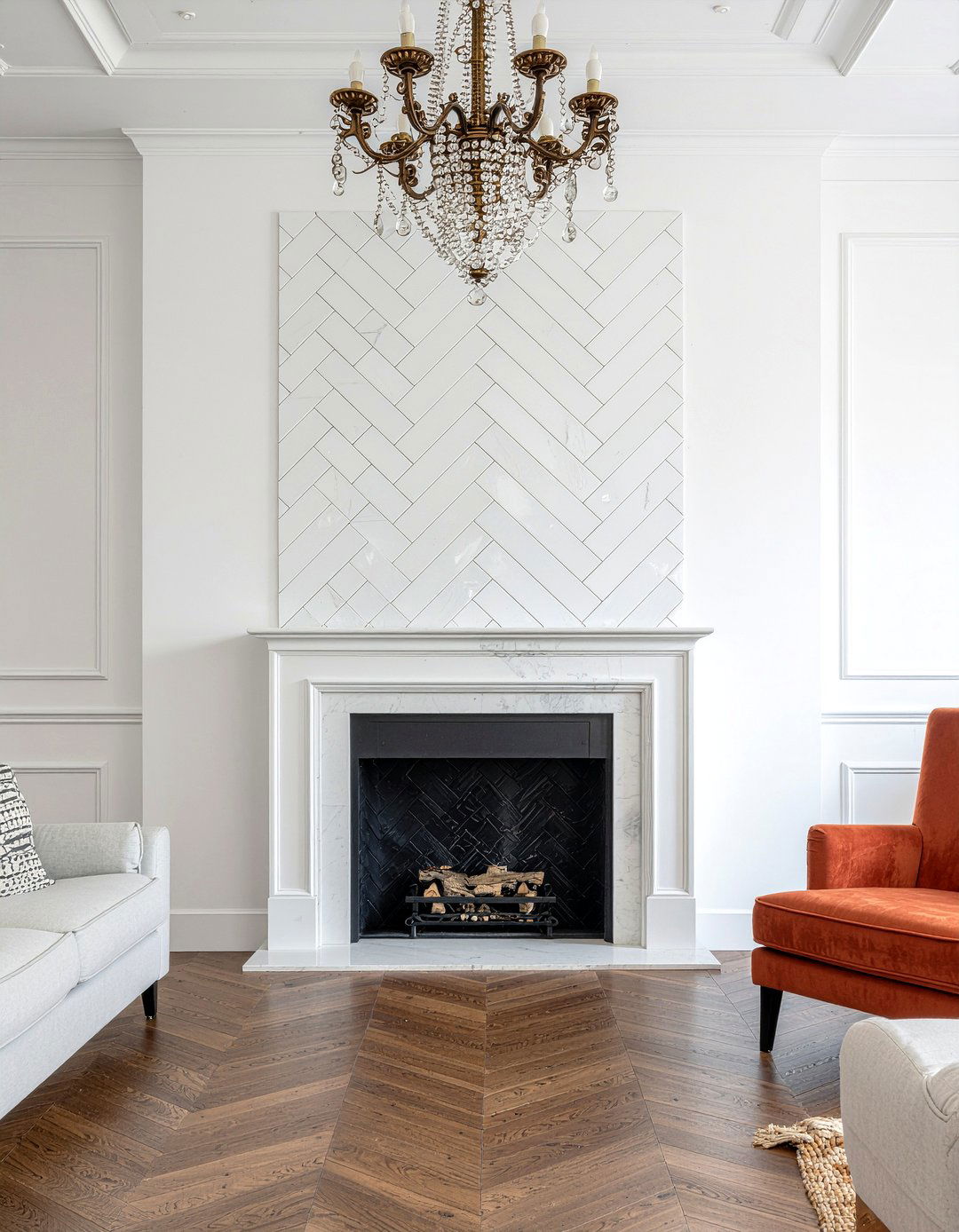 Herringbone tile fireplace - 30 living room modern fireplace ideas