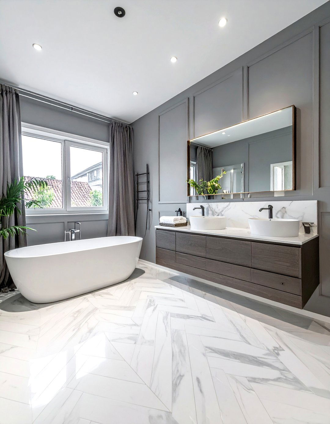 Herringbone white marble floor - 30 white marble bathroom ideas
