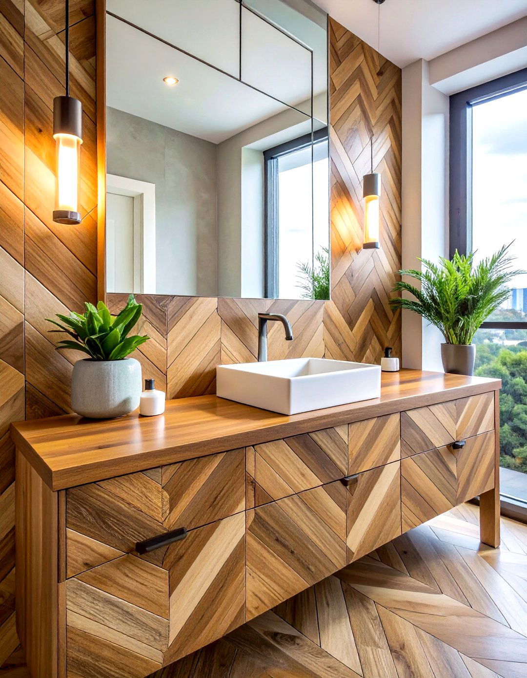 Herringbone wood bathroom counter - 30 butcher block bathroom countertop ideas