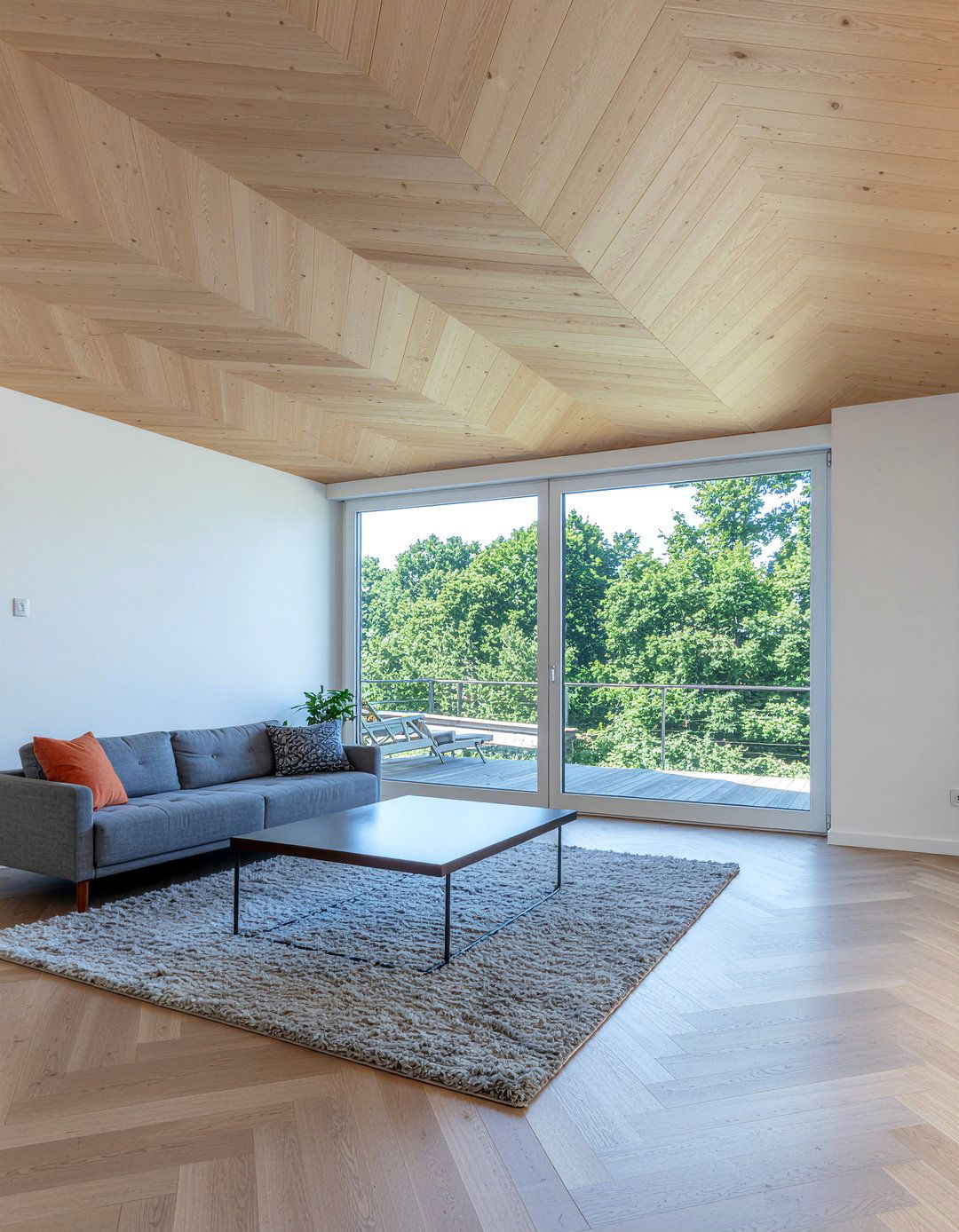 Herringbone wood ceiling - 30 living room statement ceiling ideas