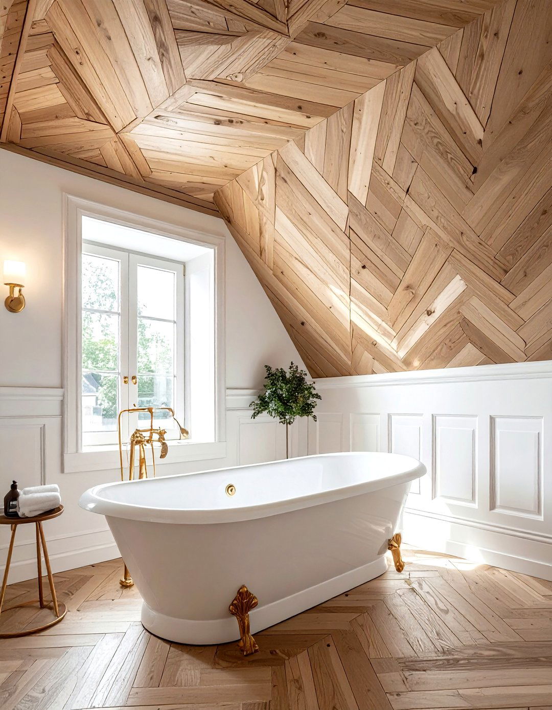 Herringbone wood ceiling - 30 wood ceiling bathroom ideas