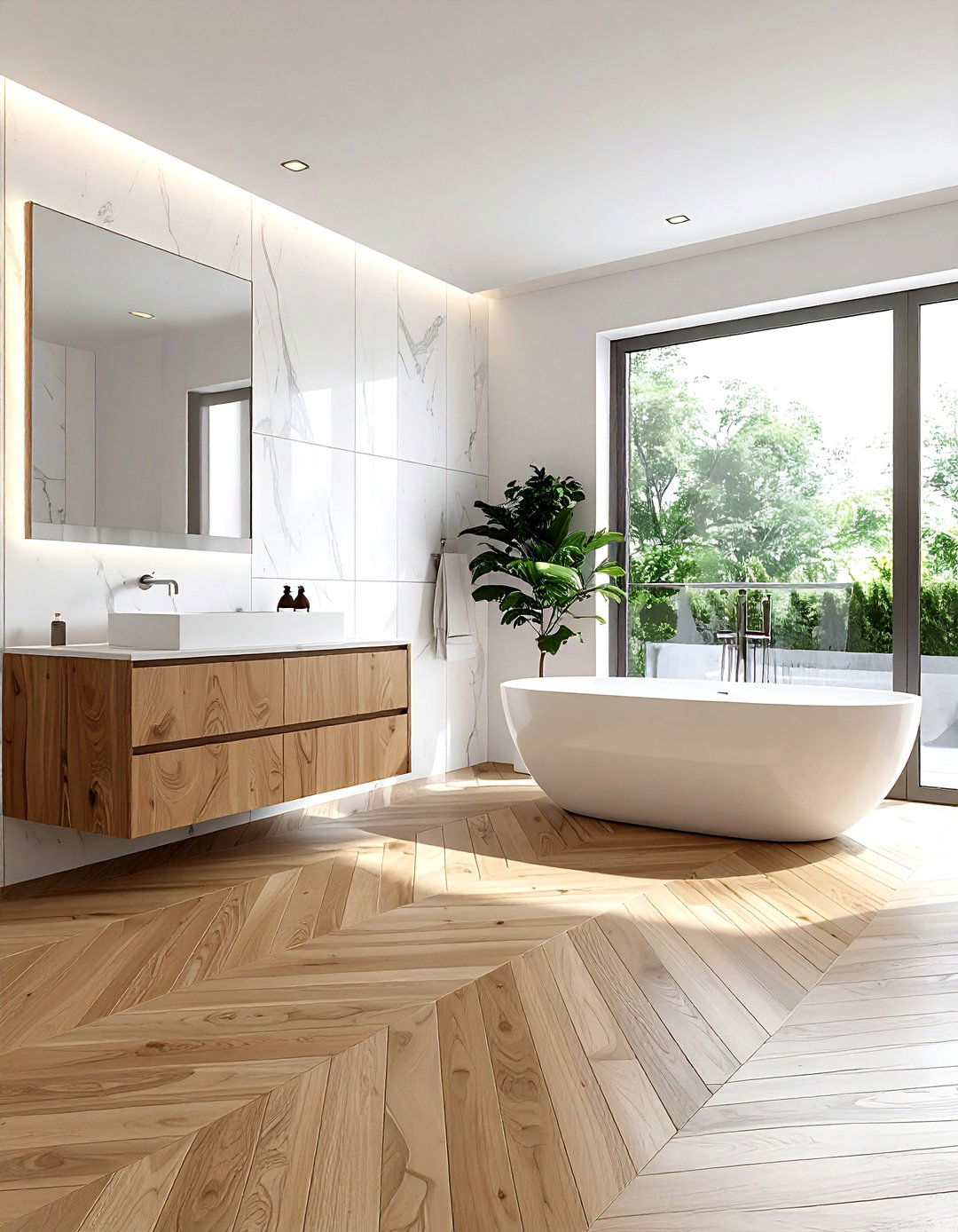 Herringbone wood floor - 30 Parisian bathroom ideas