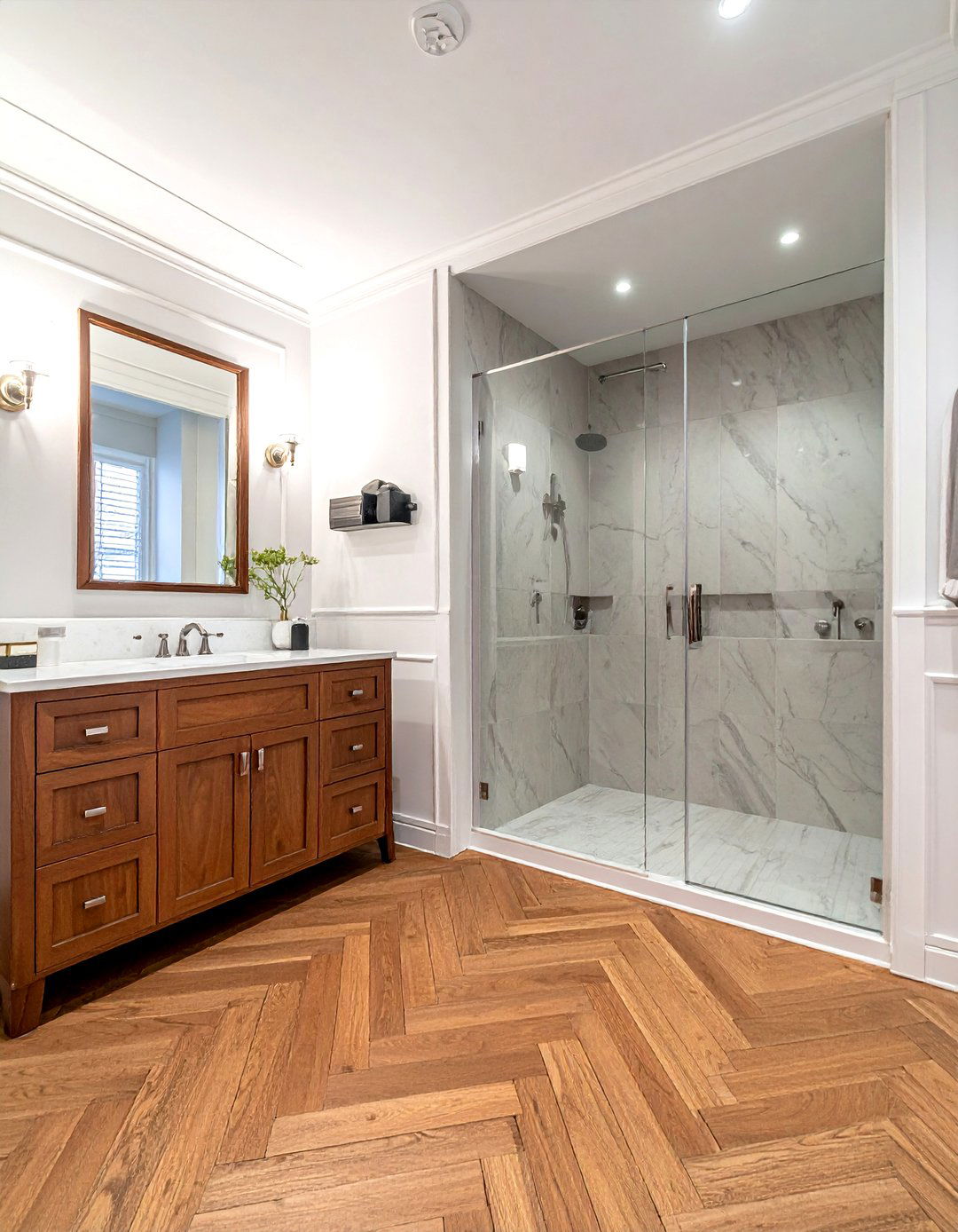 Herringbone wood pattern - 30 bathroom wood floor ideas