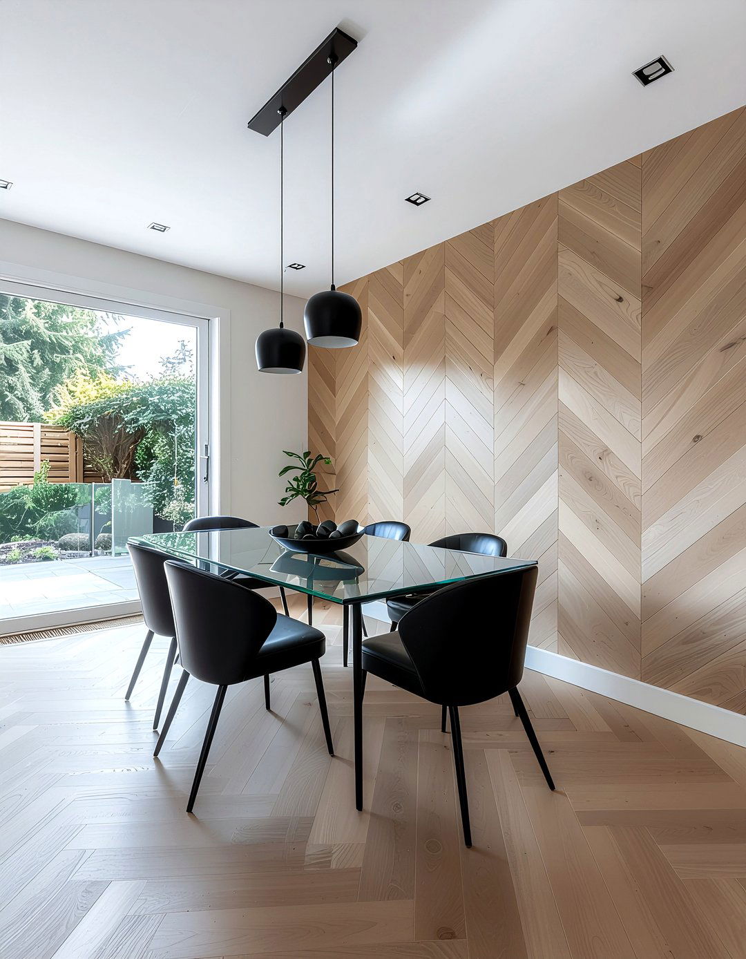 Herringbone wood wall dining room - 30 dining room paneling ideas
