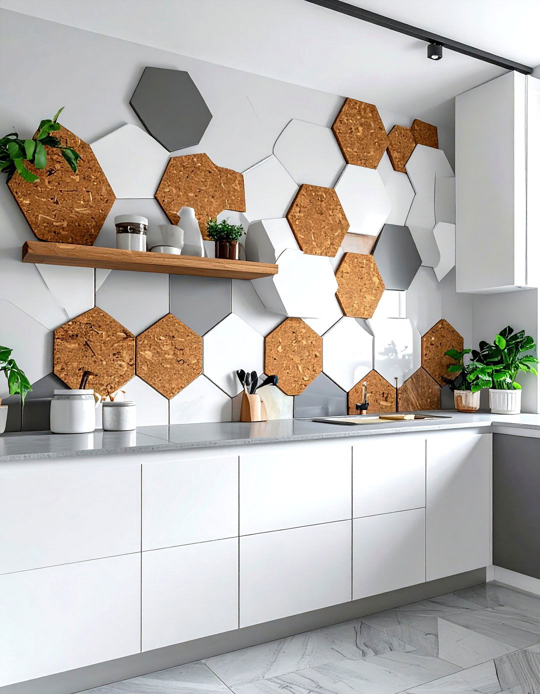 Hexagon Cork Tile Wall - 30 kitchen bulletin board ideas