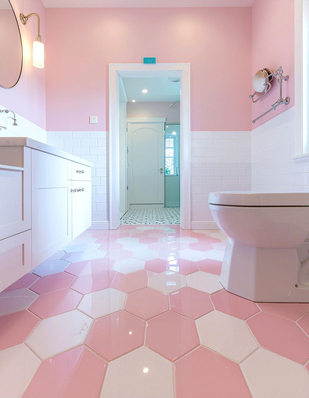 Hexagon Floor Tile - 30 millennial pink bathroom ideas