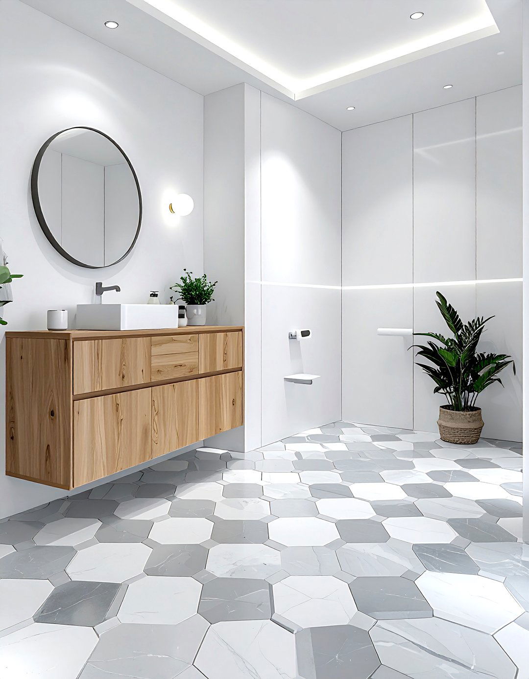 Hexagon floor pattern - 30 Nordic bathroom ideas
