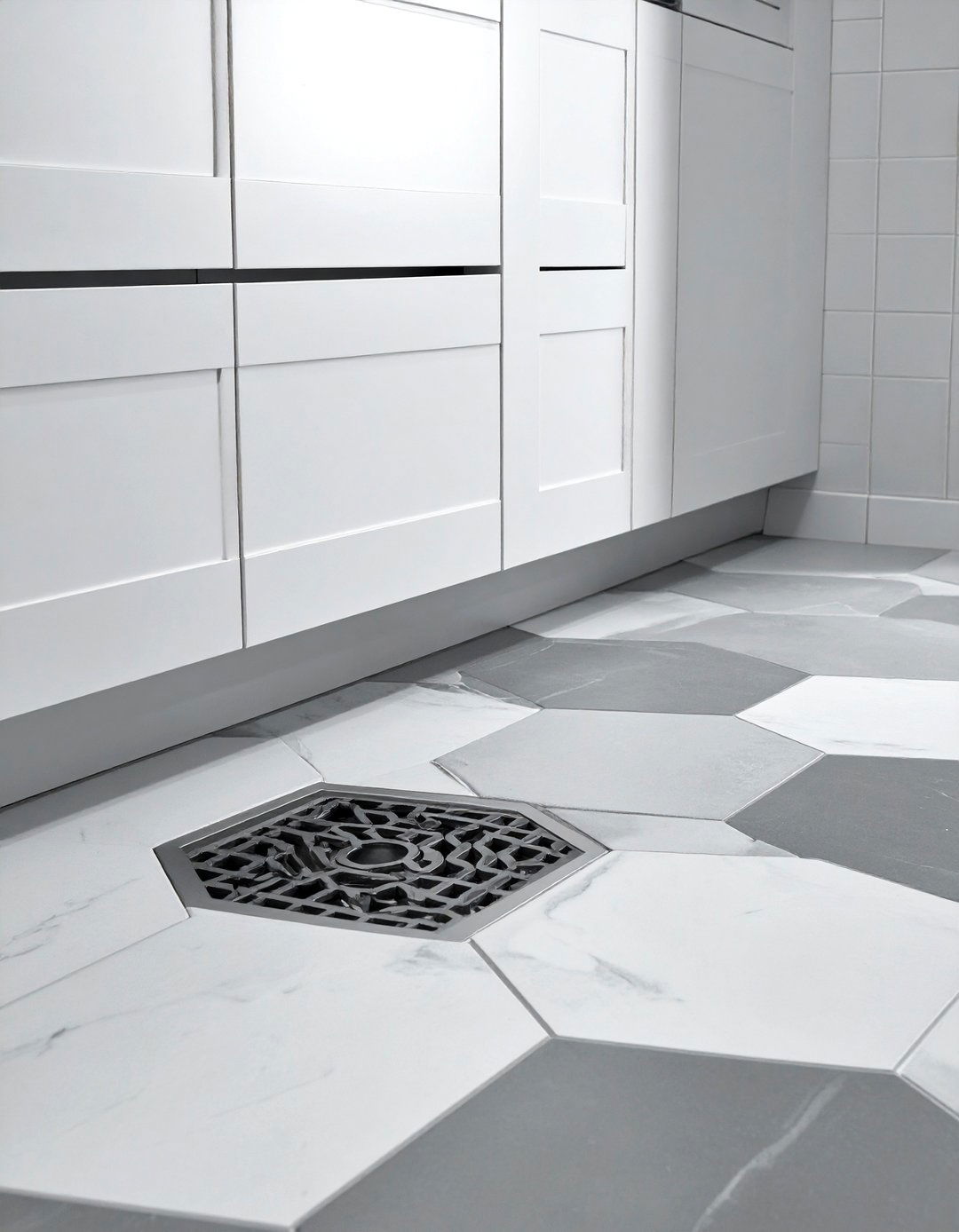 Hexagon floor tile - 30 brushed nickel bathroom ideas