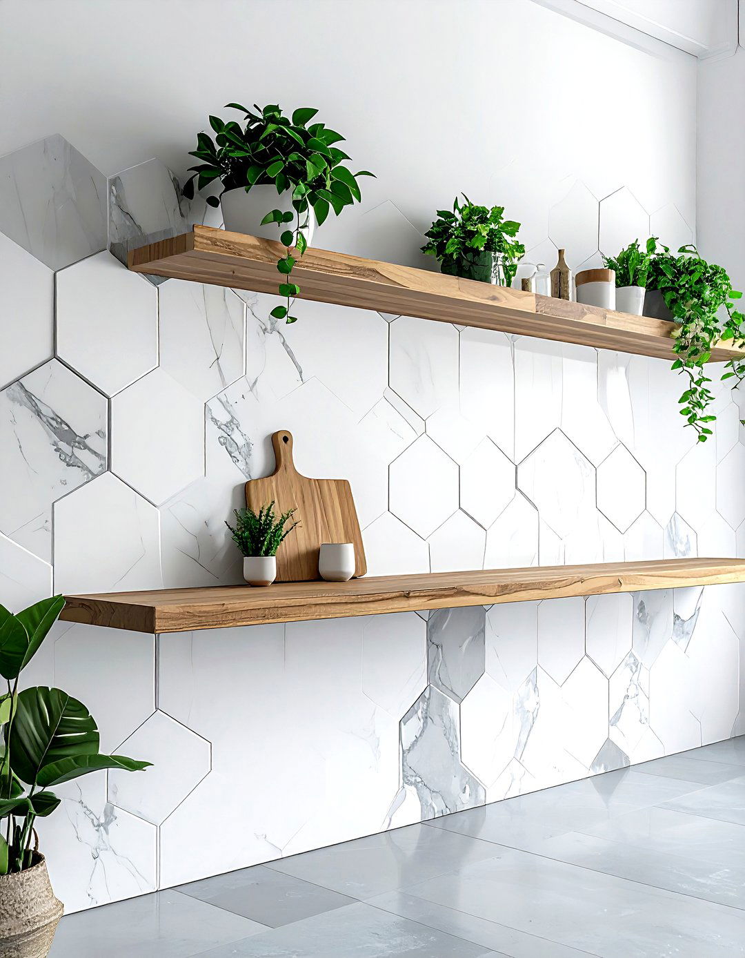 Hexagon tile accent wall - 30 living room backsplash ideas