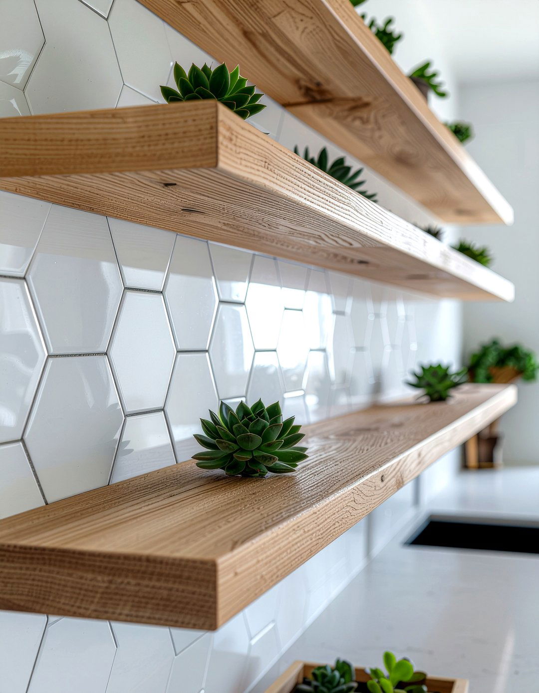 Hexagon tile backsplash with floating shelves - 30 open shelf backsplash kitchen ideas