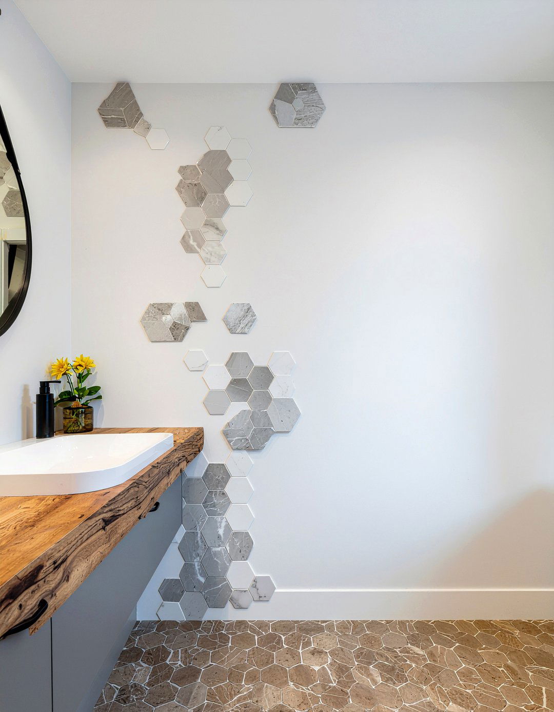 Hexagon tile transition - 30 bathroom half wall ideas