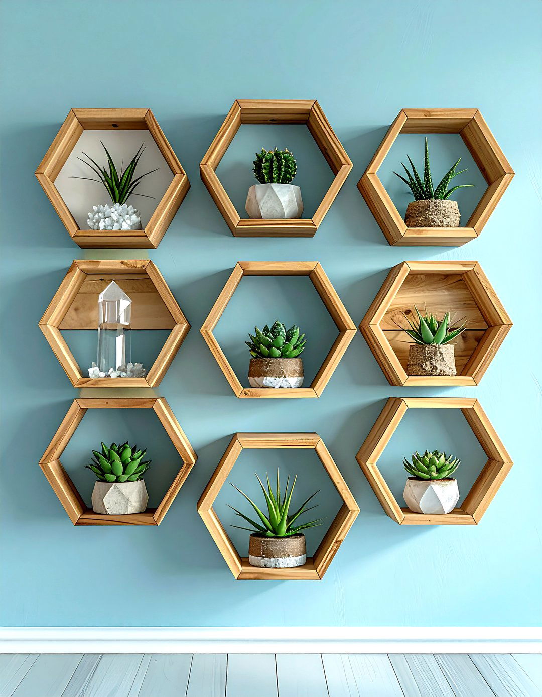 Hexagon wall shelves - 30 living room wall storage ideas